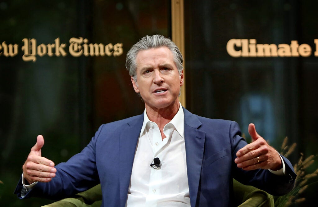 California Governor Gavin Newsom speaks onstage during the NYT Climate Forward 2025 at The Times Center on Sept. 24, 2025, in New York City.  (Yana Paskova / Getty Images for NYT)